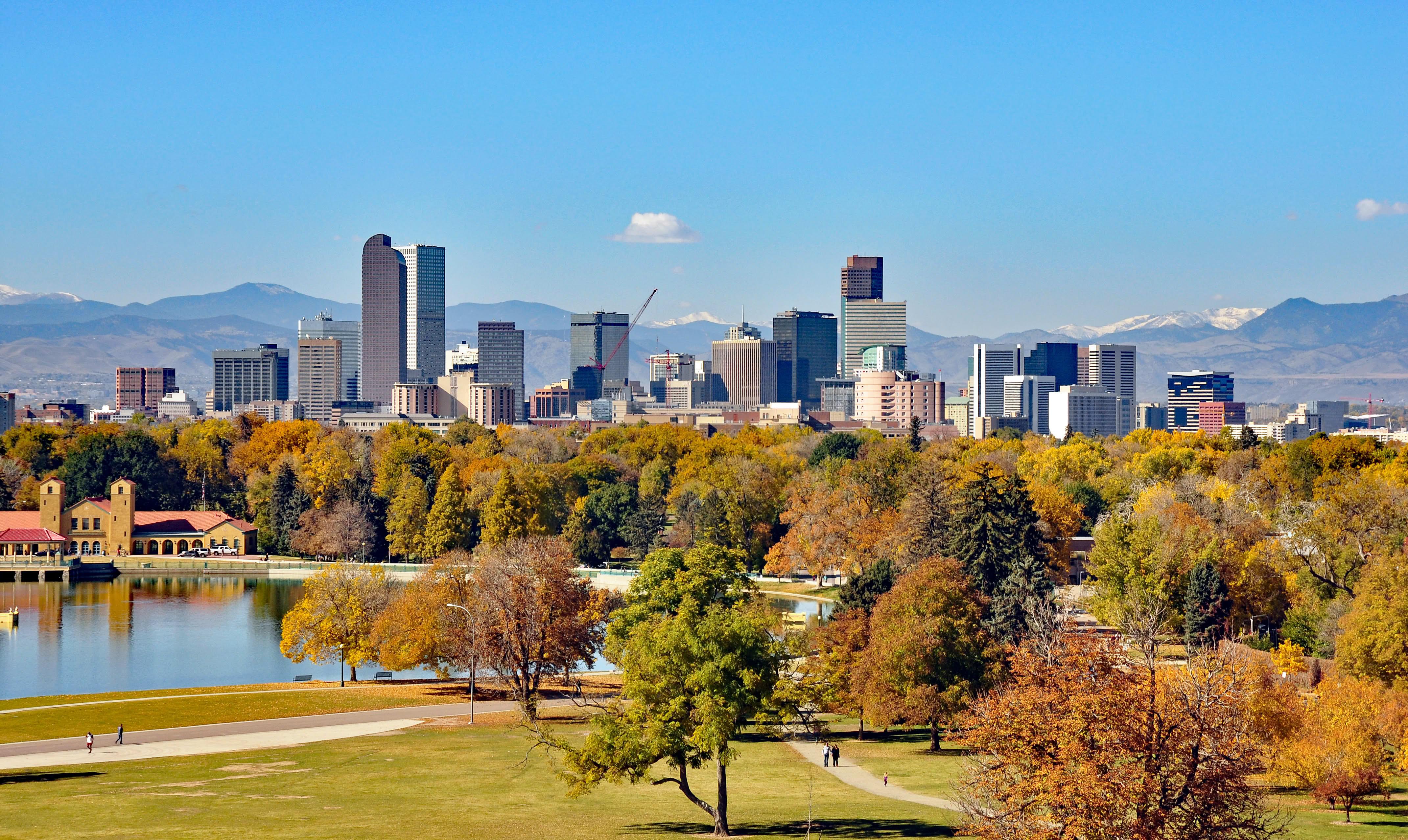 Denver skyline against the Rocky Mountains